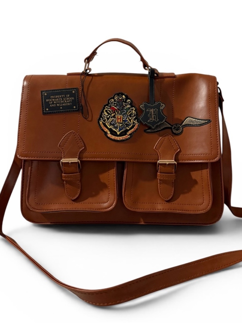 Harry Potter Hogwarts Satchel Messenger Bag Brown Faux Leather Crossbody